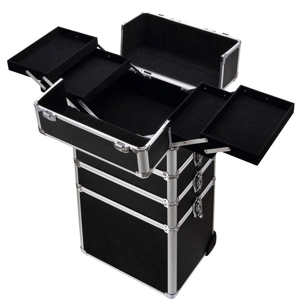 4-in-1 Draw-bar Style Interchangeable Aluminum Rolling Makeup Case Black