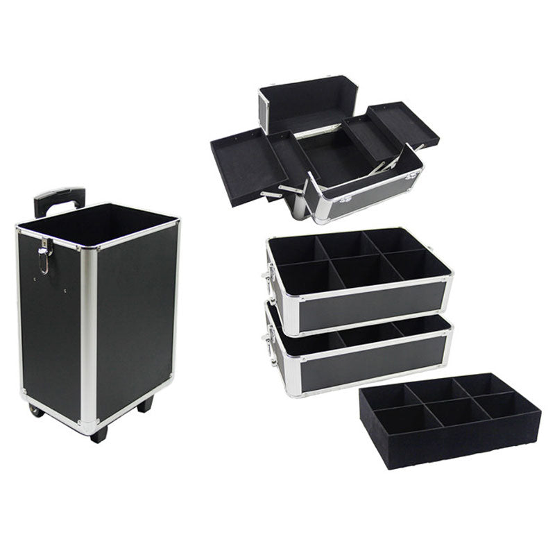 4-in-1 Draw-bar Style Interchangeable Aluminum Rolling Makeup Case Black
