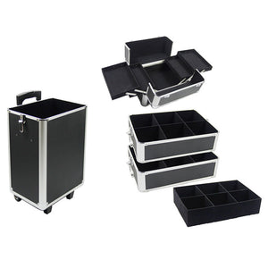 4-in-1 Draw-bar Style Interchangeable Aluminum Rolling Makeup Case Black
