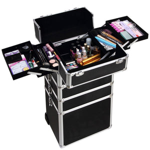 4-in-1 Draw-bar Style Interchangeable Aluminum Rolling Makeup Case Black