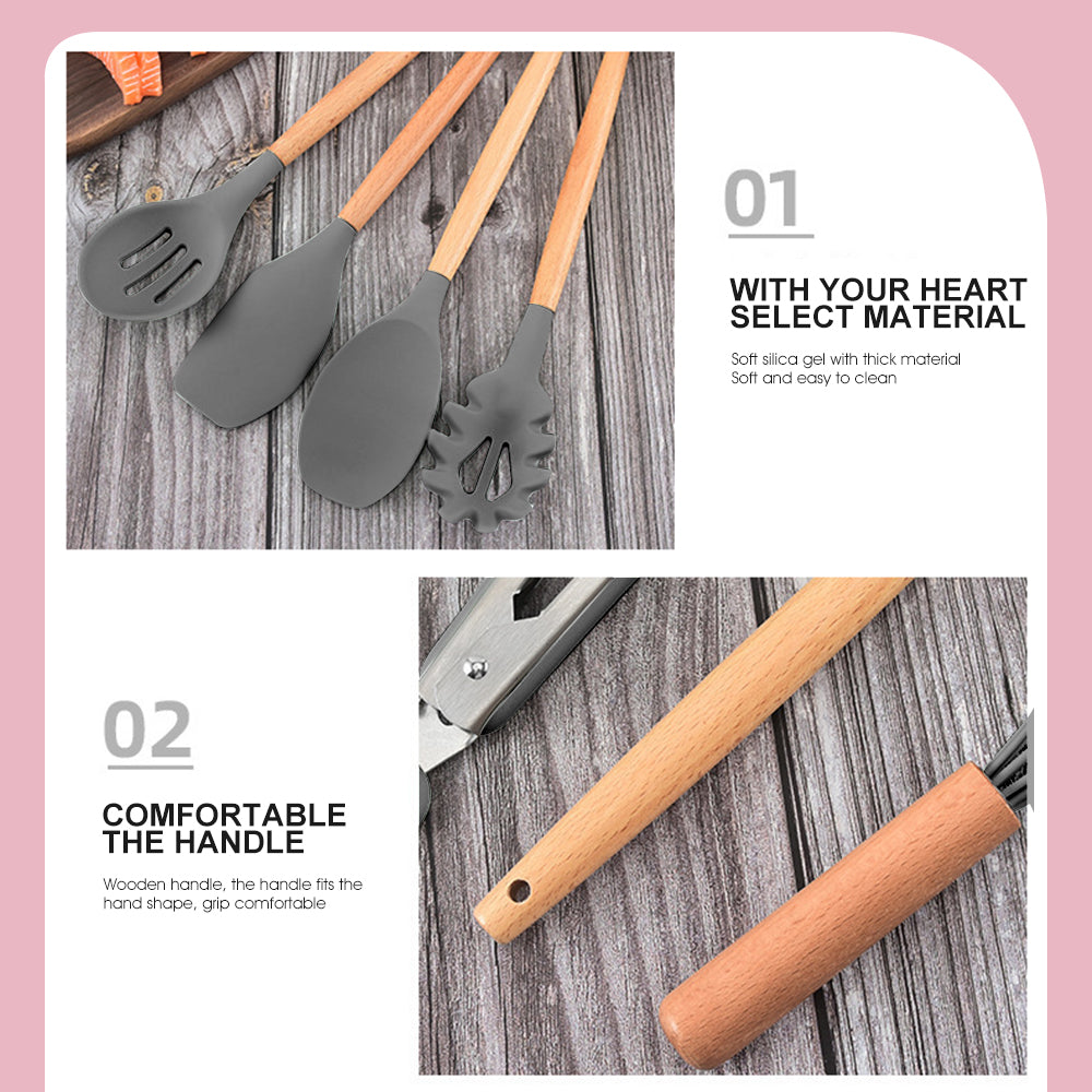 Silicone Kitchen Cooking Utensils Set with Wooden Handles 12 PCS Gray