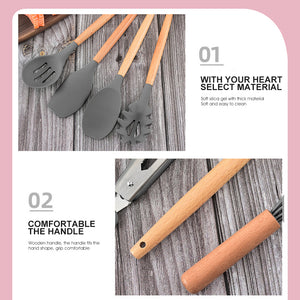 Silicone Kitchen Cooking Utensils Set with Wooden Handles 12 PCS Gray