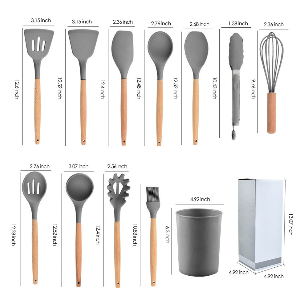 Silicone Kitchen Cooking Utensils Set with Wooden Handles 12 PCS Gray