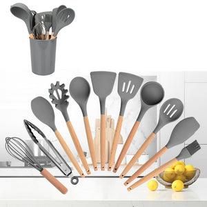 Silicone Kitchen Cooking Utensils Set with Wooden Handles 12 PCS Gray