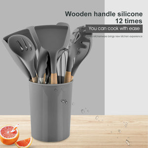 Silicone Kitchen Cooking Utensils Set with Wooden Handles 12 PCS Gray