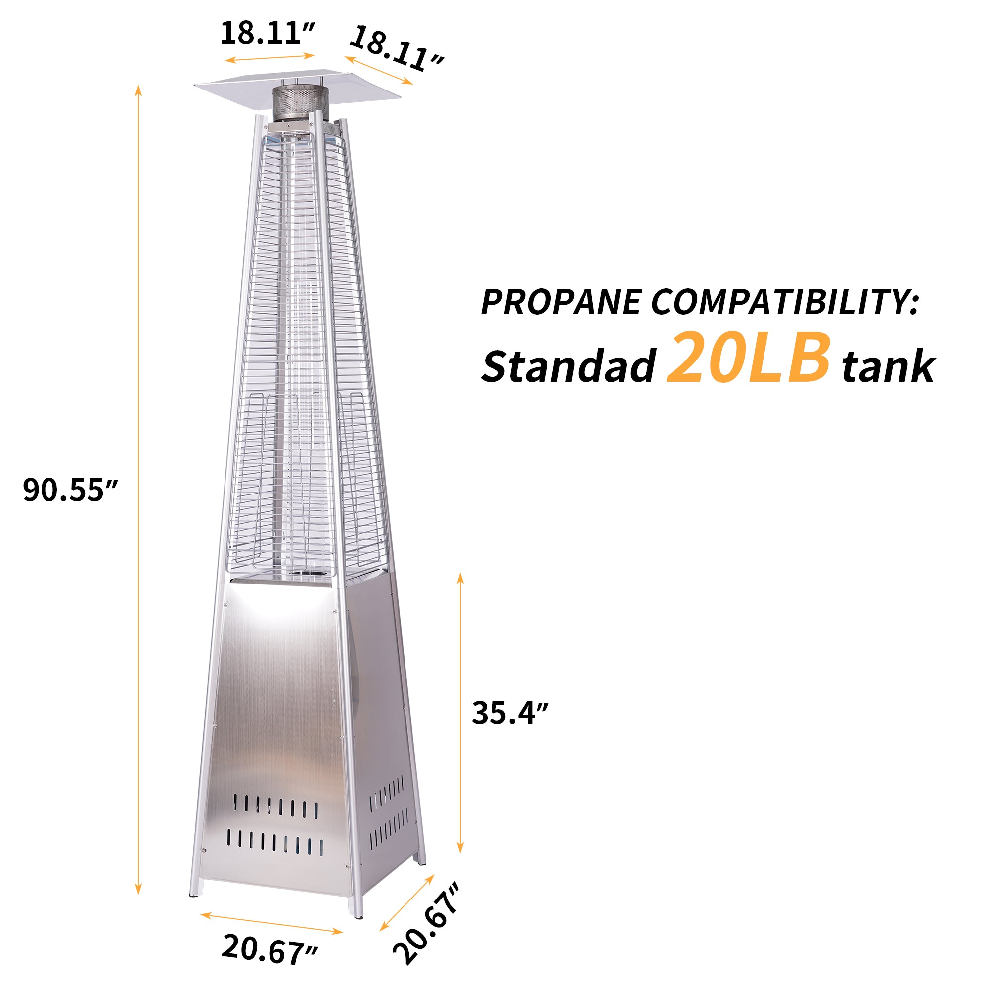 Outdoor Patio Pyramid Propane Space Heater,Portable Flame Heater,W/Wheels,Stainless Steel Color