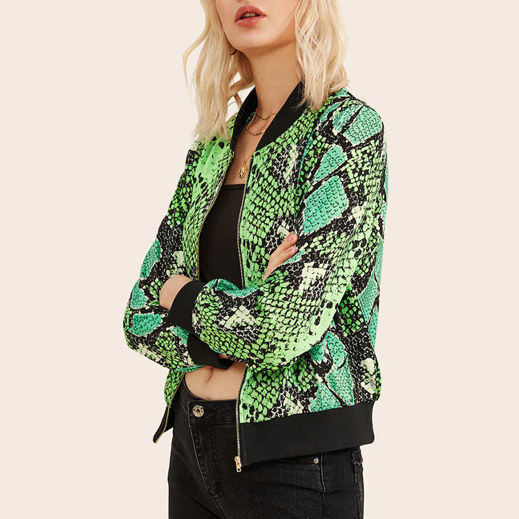 Plus size jackets custom Neon Snakeskin Print Stand Collar Long Sleeve Bomber Jacket