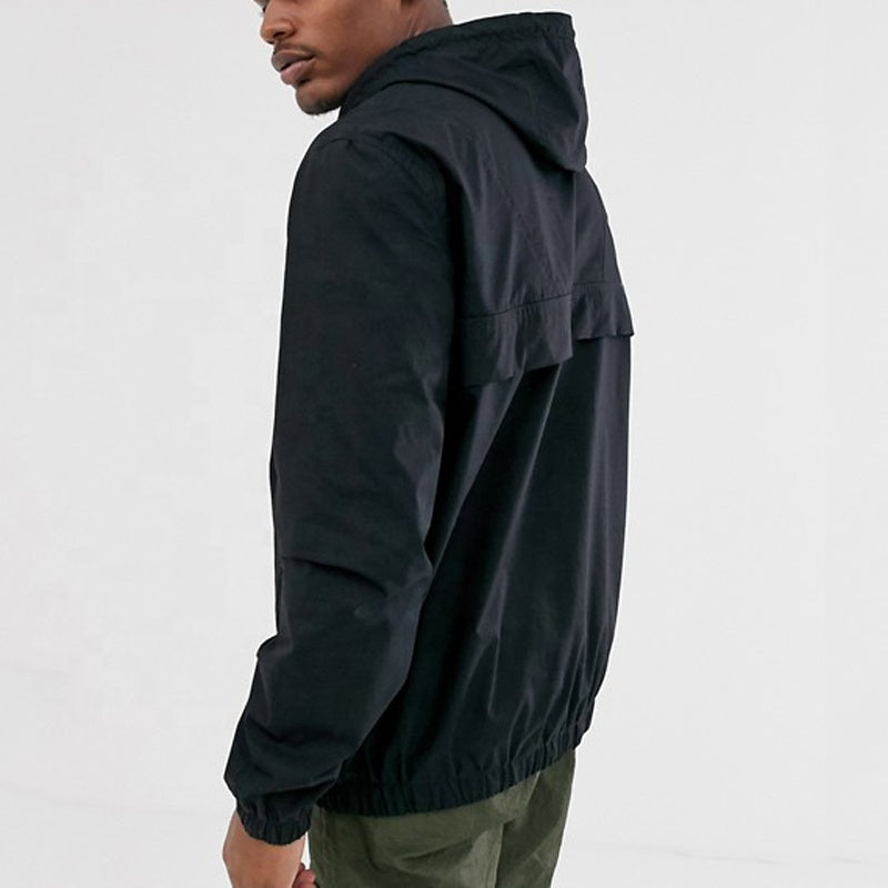 Waterproof polyester windbreaker jacket with half zip in black