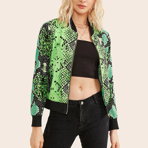 Plus size jackets custom Neon Snakeskin Print Stand Collar Long Sleeve Bomber Jacket