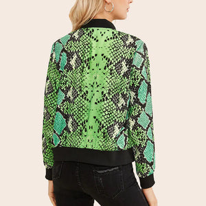 Plus size jackets custom Neon Snakeskin Print Stand Collar Long Sleeve Bomber Jacket