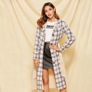 European Style Plaid Trench Polyester Long Sleeves Loose Maxi Coat with Women