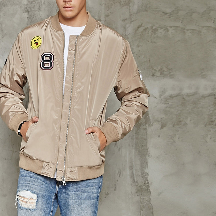 Mens beige flight embroidery bomber nylon jacket