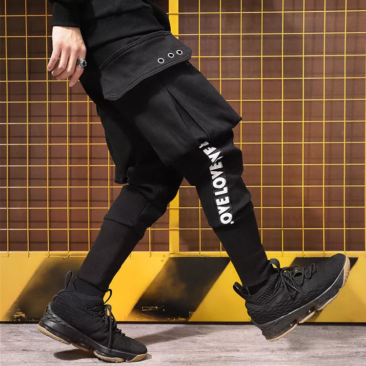 Mens tapered cargo black printed fit jogger pants