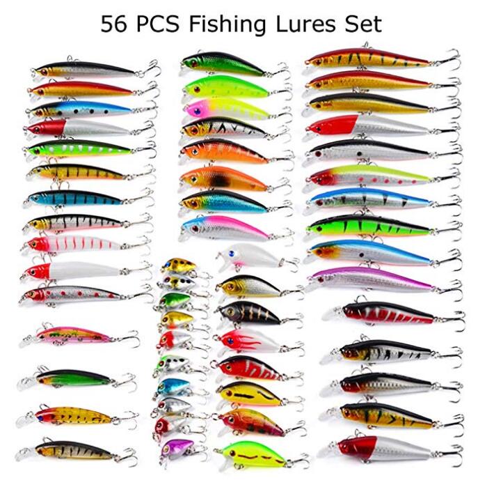 Fishing Lures 56 pcs/set Kit Mixed Including Minnow CrankBait Hooks Saltwater Freshwater Trout Bass