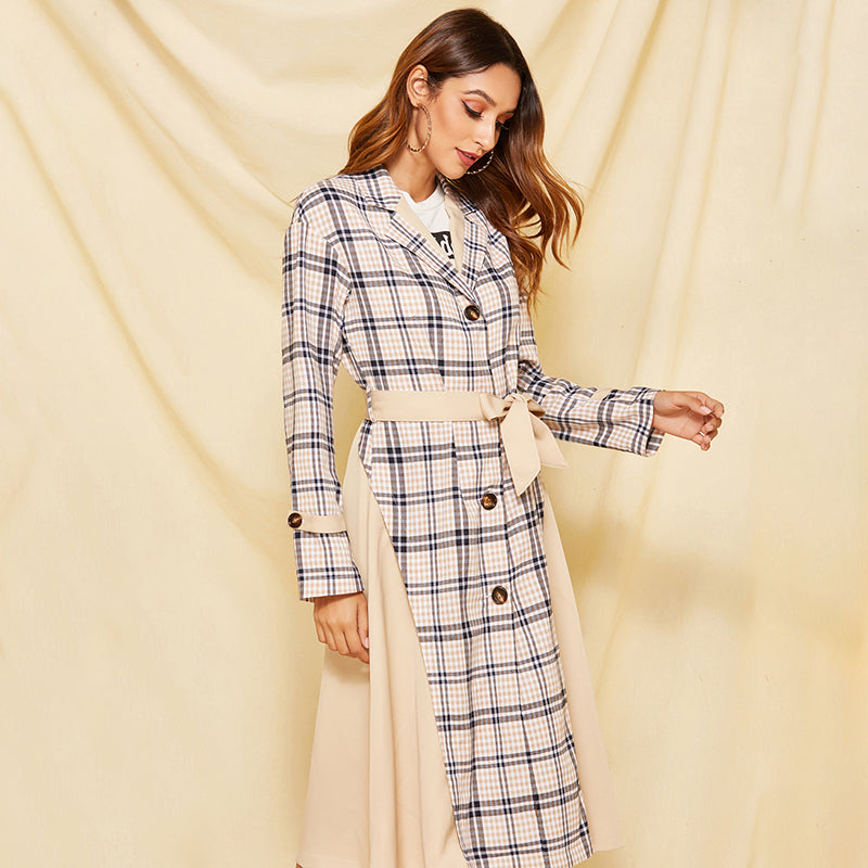 European Style Plaid Trench Polyester Long Sleeves Loose Maxi Coat with Women