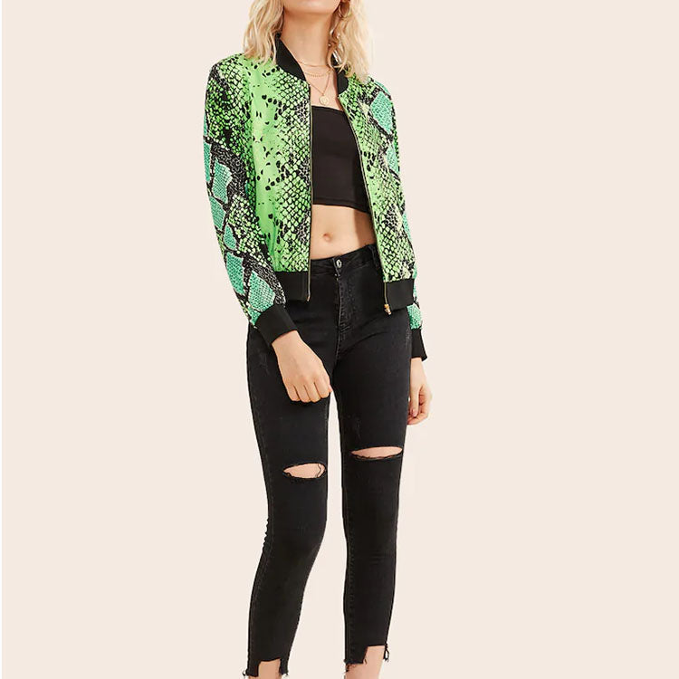 Plus size jackets custom Neon Snakeskin Print Stand Collar Long Sleeve Bomber Jacket