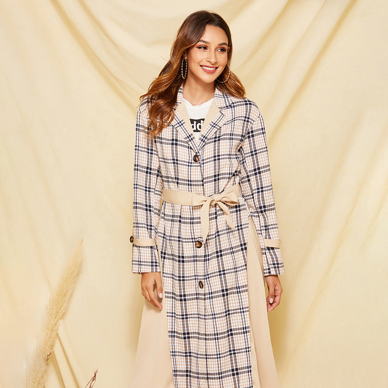 European Style Plaid Trench Polyester Long Sleeves Loose Maxi Coat with Women