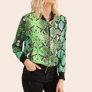 Plus size jackets custom Neon Snakeskin Print Stand Collar Long Sleeve Bomber Jacket