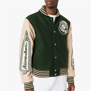 Double color patchwork patch embroidered college bomber flight varsity jacket for men