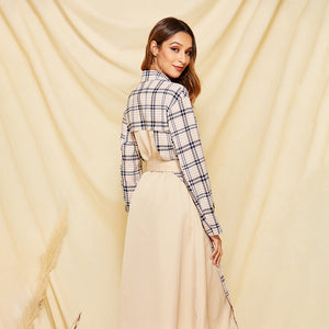 European Style Plaid Trench Polyester Long Sleeves Loose Maxi Coat with Women