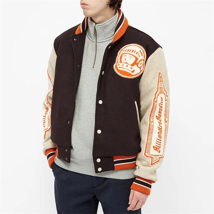 Double color patchwork patch embroidered college bomber flight varsity jacket for men