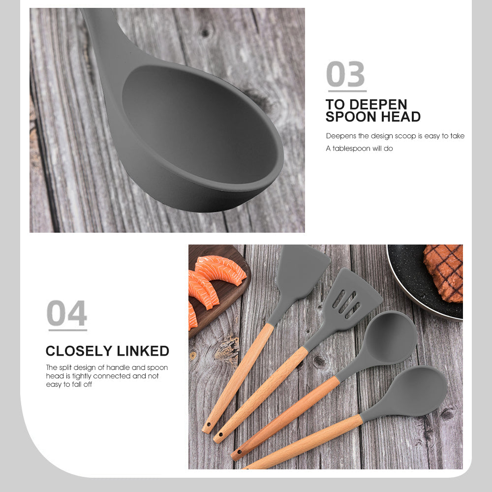 Silicone Kitchen Cooking Utensils Set with Wooden Handles 12 PCS Gray